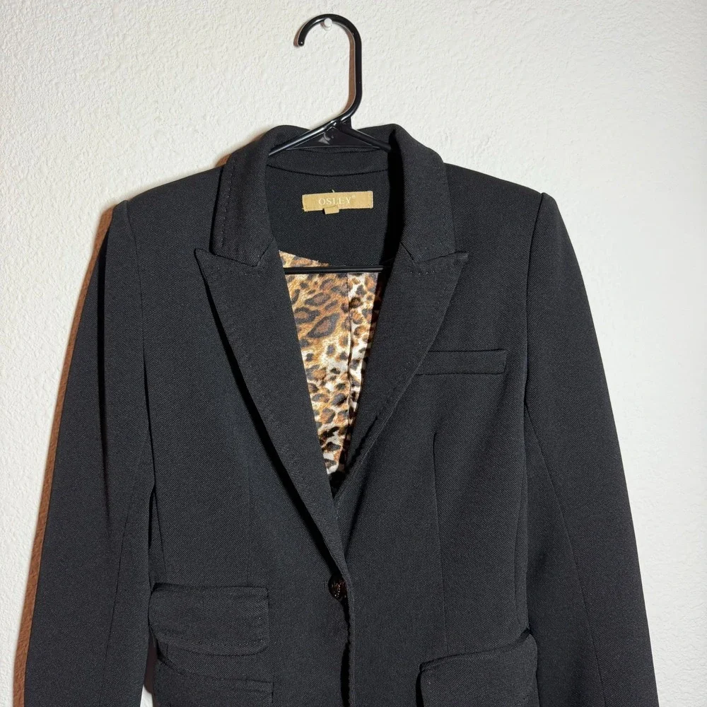 Osley Blazer Jacket Womens Black Inner Leopard Print Elbow Patches Peak Lapel - Picture 2 of 10
